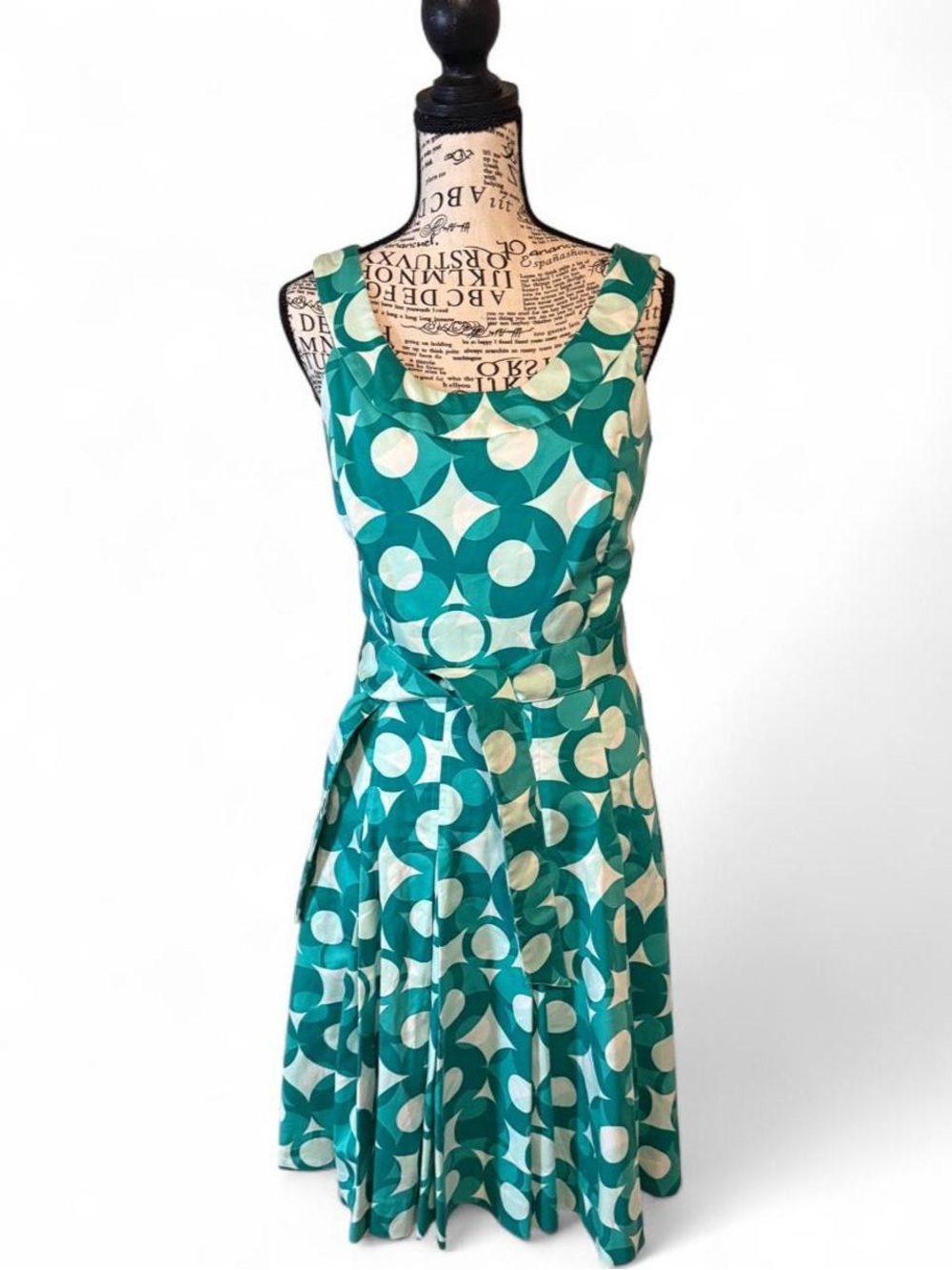 Calvin Klein Teal and White Geometric Sleeveless Fit & Flare Dress
